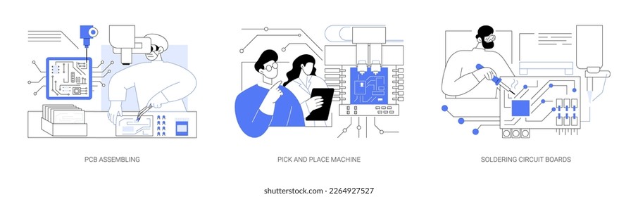Electronic devices manufacturing abstract concept vector illustration set. PCB assembling, pick and place machine, soldering circuit board, small electronic components, solder paste abstract metaphor.