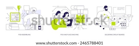 Electronic devices manufacturing abstract concept vector illustration set. PCB assembling, pick and place machine, soldering circuit board, small electronic components, solder paste abstract metaphor.