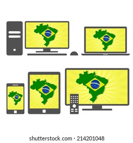 Electronic devices with the map of Brazil. Many device media (tablet, pc, cellphone, laptop, smart tv) with the map and flag of Brazil.