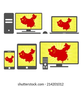 Electronic devices with the map of China. Many device media (tablet, pc, cellphone, laptop, smart tv) with the map and flag of China.