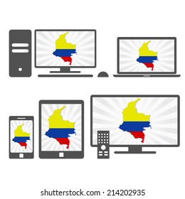 Electronic devices with the map of Colombian. Many device media (tablet, pc, cellphone, laptop, smart tv) with the map and flag of Colombia.