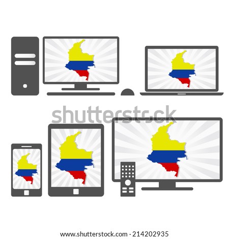 Electronic devices with the map of Colombian. Many device media (tablet, pc, cellphone, laptop, smart tv) with the map and flag of Colombia.