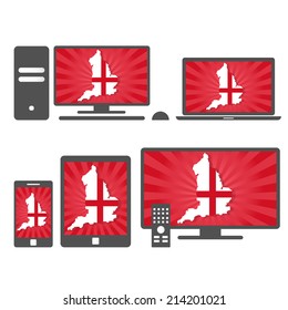 Electronic devices with the map of England. Many device media (tablet, pc, cellphone, laptop, smart tv) with the map and flag of England