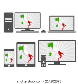Electronic devices with the map of Italy. Many device media (tablet, pc, cellphone, laptop, smart tv) with the map and flag of Italy