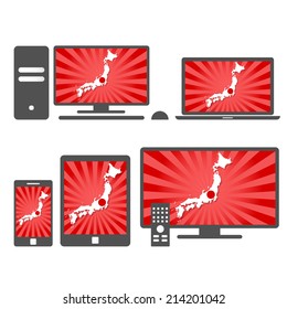 Electronic devices with the map of Japan. Many device media (tablet, pc, cellphone, laptop, smart tv) with the map and flag of Japan