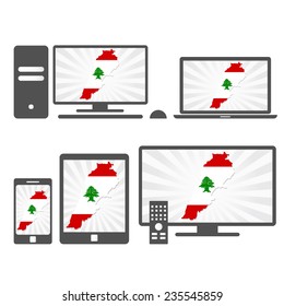 Electronic devices with the map of Lebanon. Many device media (tablet, pc, cellphone, laptop, smart tv) with the map and flag of Lebanon