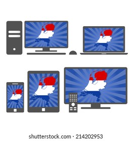 Electronic devices with the map of Netherlands. Many device media (tablet, pc, cellphone, laptop, smart tv) with the map and flag of Netherlands