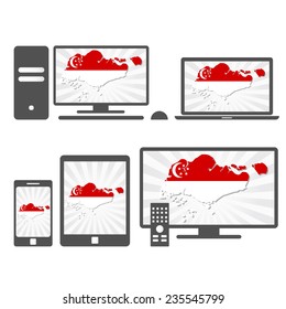 Electronic devices with the map of Singapore. Many device media (tablet, pc, cellphone, laptop, smart tv) with the map and flag of Singapore.