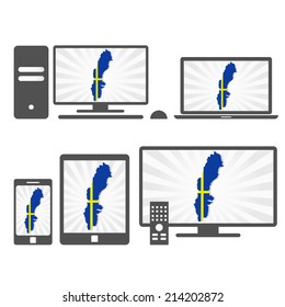 Electronic devices with the map of Sweden. Many device media (tablet, pc, cellphone, laptop, smart tv) with the map and flag of Sweden.