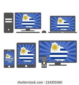 Electronic devices with the map of Uruguay. Many device media (tablet, pc, cellphone, laptop, smart tv) with the map and flag of Uruguay