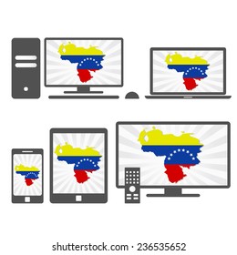 Electronic devices with the map of Venezuela. Many device media (tablet, pc, cellphone, laptop, smart tv) with the map and flag of Venezuela.