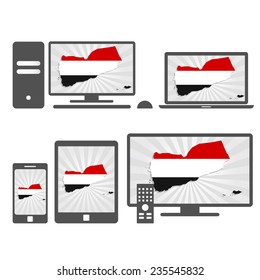 Electronic devices with the map of Yemen. Many device media (tablet, pc, cellphone, laptop, smart tv) with the map and flag of Yemen.