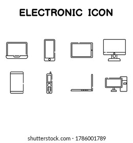 Electronic devices and media devices such as computers and laptops, line styles, icons on a white background