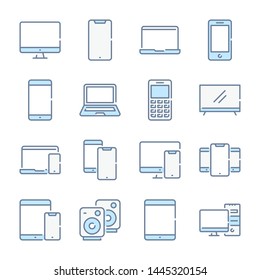 Electronic, Devices and Mobile phones related blue line colored icons.