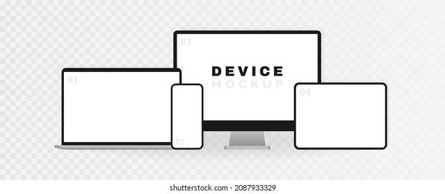 El equipo de simulación de dispositivos electrónicos se aísla en un fondo transparente. Computadora, laptop, tablet y smartphone realistas. Plantilla para infografías o interfaz de diseño de interfaz de usuario de presentación. Ilustración vectorial.