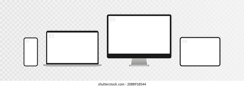 El equipo de simulación de dispositivos electrónicos se aísla en un fondo transparente. Computadora, laptop, tablet y smartphone realistas. Plantilla para infografías o interfaz de diseño de interfaz de usuario de presentación. Ilustración vectorial.