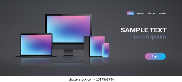 electronic devices mockup set laptop monitor tablet and smartphone with colorful screen digital technology concept gray background horizontal copy space