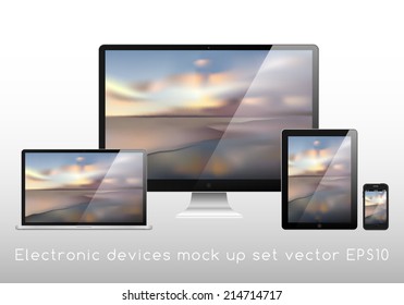 Electronic Devices Mockup Set - Laptop, Monitor, Tablet And Smartphone Vector Illustration