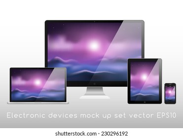 Electronic devices mockup set - laptop, monitor, tablet and smartphone vector illustration