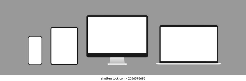 Equipo de simulación de dispositivos electrónicos. Computadora, laptop, tablet y smartphone realistas. Plantilla para infografías o interfaz de diseño de interfaz de usuario de presentación. Ilustración vectorial.
