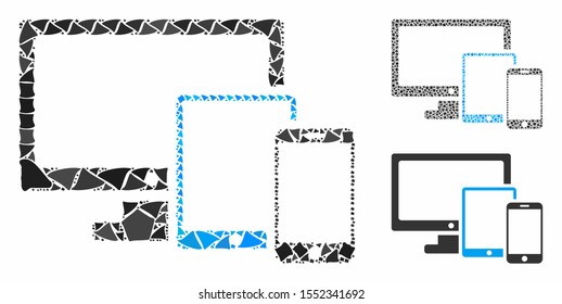 Electronic devices mosaic of irregular pieces in variable sizes and color tones, based on electronic devices icon. Vector rough pieces are composed into collage.