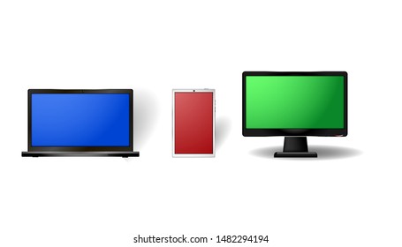 Electronic devices on white background; desktop computer, laptop, tablet