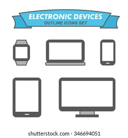 Electronic devices outline icons set. Outlined mobile phone, laptop, smart watch, all-in-one PC, tablet.