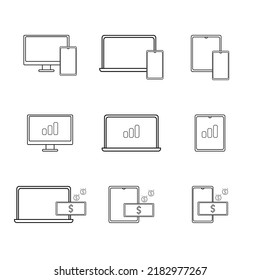 Dispositivos electrónicos con estilo de contorno. Conjunto de iconos vectores de computadoras, laptops y smartphones