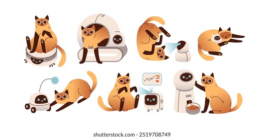 Dispositivos Electrónicas para mascotas. Juguetes interactivos para gatos, gadgets para mascotas, alimentador automático y caja de arena autolimpiante. Ilustración vectorial plana de lindo gato y tecnología.