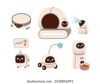 Dispositivos Electrónicas para mascotas. Juguetes interactivos, gadgets para mascotas, alimentador automático y caja de arena autolimpiante. Ilustración vectorial plana de la tecnología.