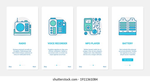 Electronic devices to play or record music audio sound vector illustration. UX, UI onboarding mobile app page screen set with line battery radio sound recorder mp3 player symbols for online store