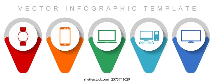 Electronic devices pointer collection, miscellaneous icons such as smartphone, notebook, computer, smartwatch and tv, flat design vector infographic template in eps 10