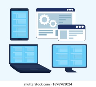 electronic devices with programming language and webpages templates vector illustration design