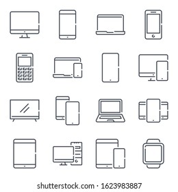 Electronic and devices related line icon set. Computers and mobile phones linear icons. Laptop, hardware and tablet outline vector sign collection.