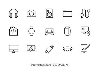 Electronic devices related vector linear icons set. Isolated icon collection such as headphones, camera, speaker, gadget, charger, phone and more. Isolated icon collection of electronics related.