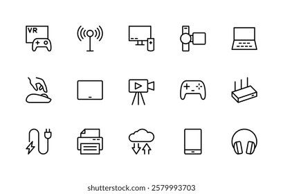 Electronic devices related vector linear icons set. Isolated icon collection such as VR headset, Wi-Fi, TV, camera, laptop, mouse, gadget and more. Isolated icon collection of electronics related.