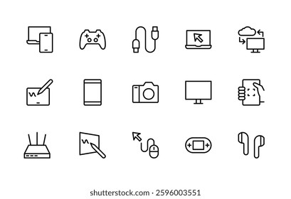 Electronic devices related vector linear icons set. Isolated icon collection such as laptop, smartphone, game, charger, cloud storage and more. Isolated icon collection of electronics related.