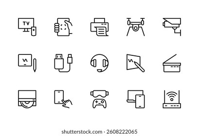 Electronic devices related vector linear icons set. Isolated icon collection such as TV, gadget, smartphone, printer, drone, camera and more. Isolated icon collection of electronics related.