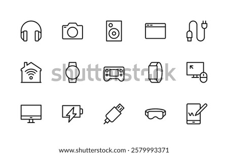 Electronic devices related vector linear icons set. Isolated icon collection such as headphones, camera, speaker, gadget, charger, phone and more. Isolated icon collection of electronics related.