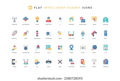 Electronic devices, remote control of smart home gadget and sensor with mobile app color icon set. Electric appliances and robot, cloud technology, machine learning flat elements vector illustration