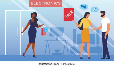 Electronic Devices Sale Flat Vector Illustration. Woman with Shopping Bags and Young Couple Cartoon Characters. Consumer Durables Wholesale, Domestic Appliances Sellout. Gadget Store Customers