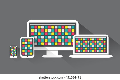Electronic devices with screens. Desktop computer, tablet pc, laptop, smartphone. Flat design illustration