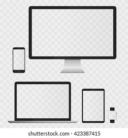 Electronic Devices Screens isolated on white background. Desktop computer, laptop, tablet and mobile phones with transparency.