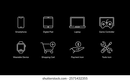 Electronic Devices and Services Icons: Cell Phone, Tablet, Computer, Console Game, Smartwatch, Buy, Sell, and Repair - Dark Background