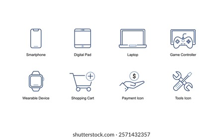 Electronic Devices and Services Icons: Cell Phone, Tablet, Computer, Console Game, Smartwatch, Buy, Sell, and Repair - Minimalist Line Art