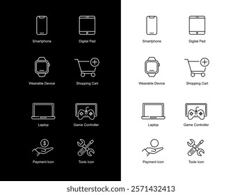 Electronic Devices and Services Icons: Cell Phone, Tablet, Computer, Console Game, Smartwatch, Buy, Sell, and Repair - Black and White
Icons.