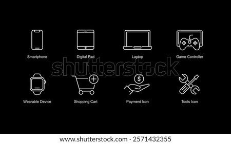 Electronic Devices and Services Icons: Cell Phone, Tablet, Computer, Console Game, Smartwatch, Buy, Sell, and Repair - Dark Background