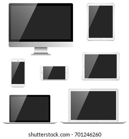 Electronic Devices Set - 7 electronic devices with blank, shiny screens isolated on white background. Devices include desktop computer, laptop, tablets & mobile phone.  Eps 10 file with transparency.
