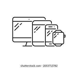 Dispositivos electrónicos configurados. Escritorio, tablet, teléfono y reloj inteligente. Diseño que responda a las necesidades de todos los dispositivos. Trazo perfecto y editable.