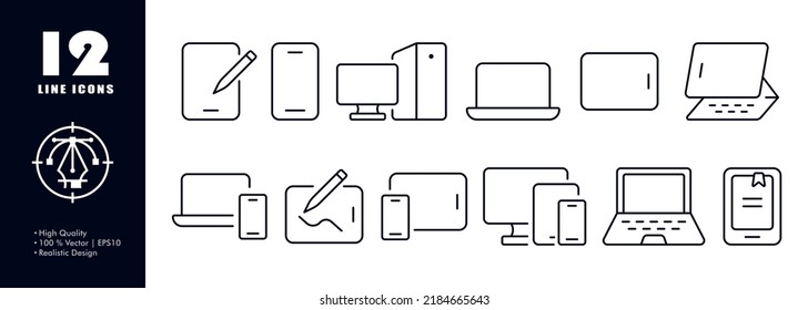 Electronic devices set icon. Tablet, phone, computer, laptop, keyboard, stylus, e book, portable, work, entertainment. Technology concept. Vector line icon for Business and Advertising.